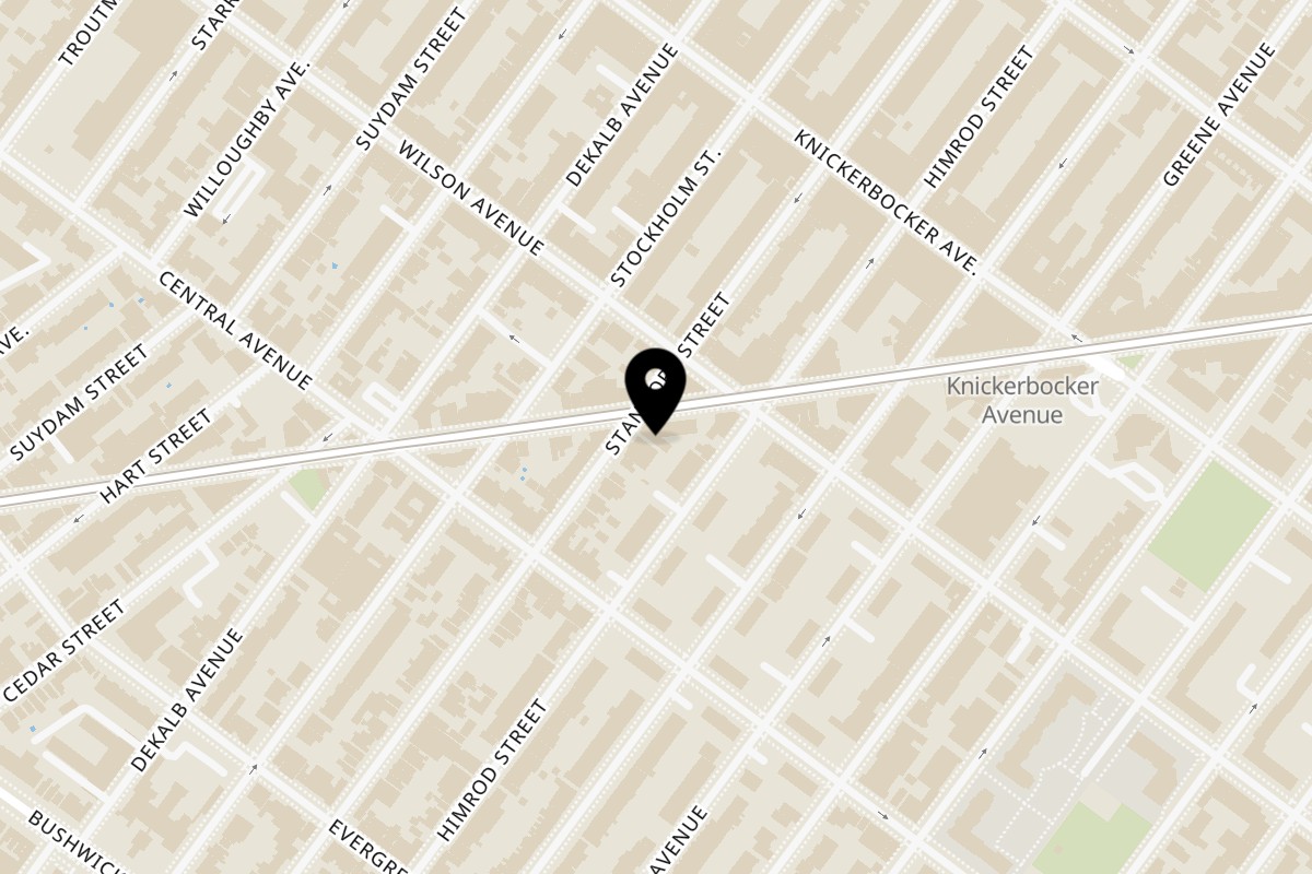 Map showing the location of Plaza Ortega on 140 Stanhope St in Brooklyn
